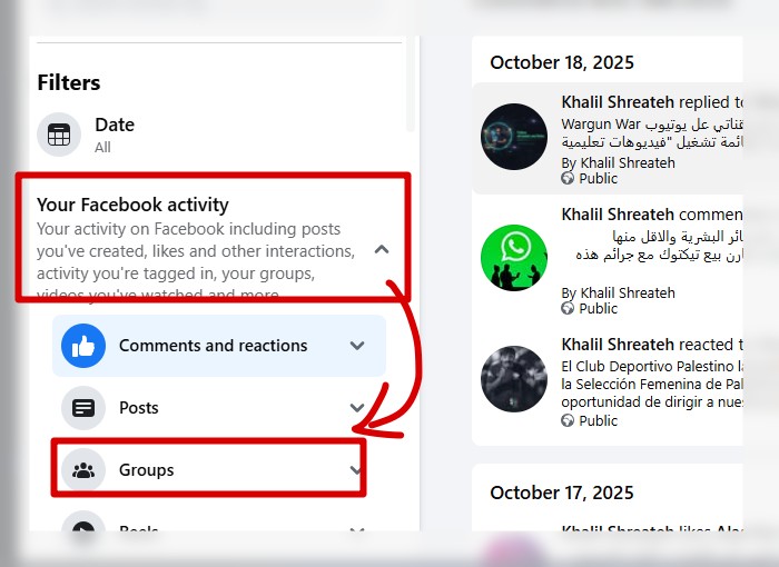 facebook activity log groups