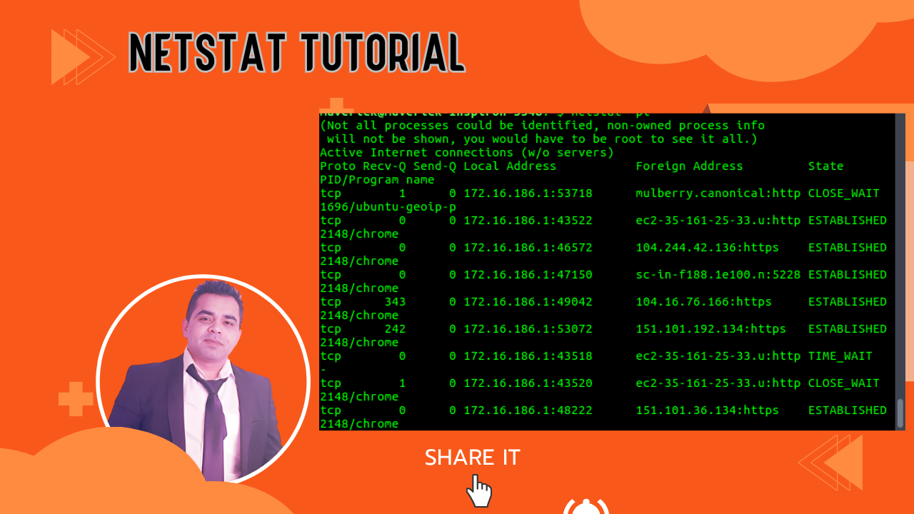 Command Prompt window on Windows displaying a netstat -anb command, showing active connections with IP addresses, ports, and the associated programs in a classic black-and-white interface