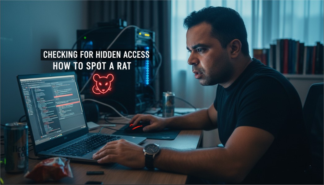 shreateh checking laptop for suspicious activity with system monitoring windows visible